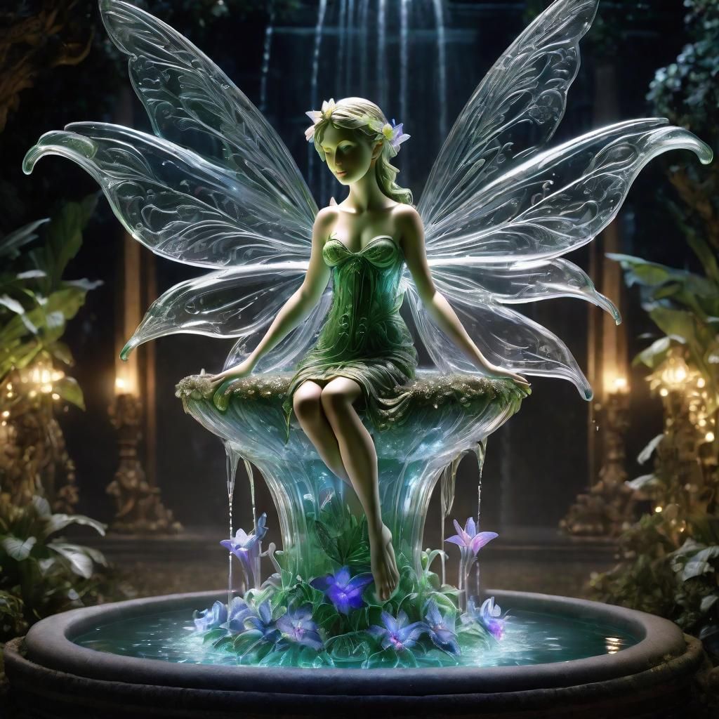 Glass Flower Fairy Fountain at Midnight