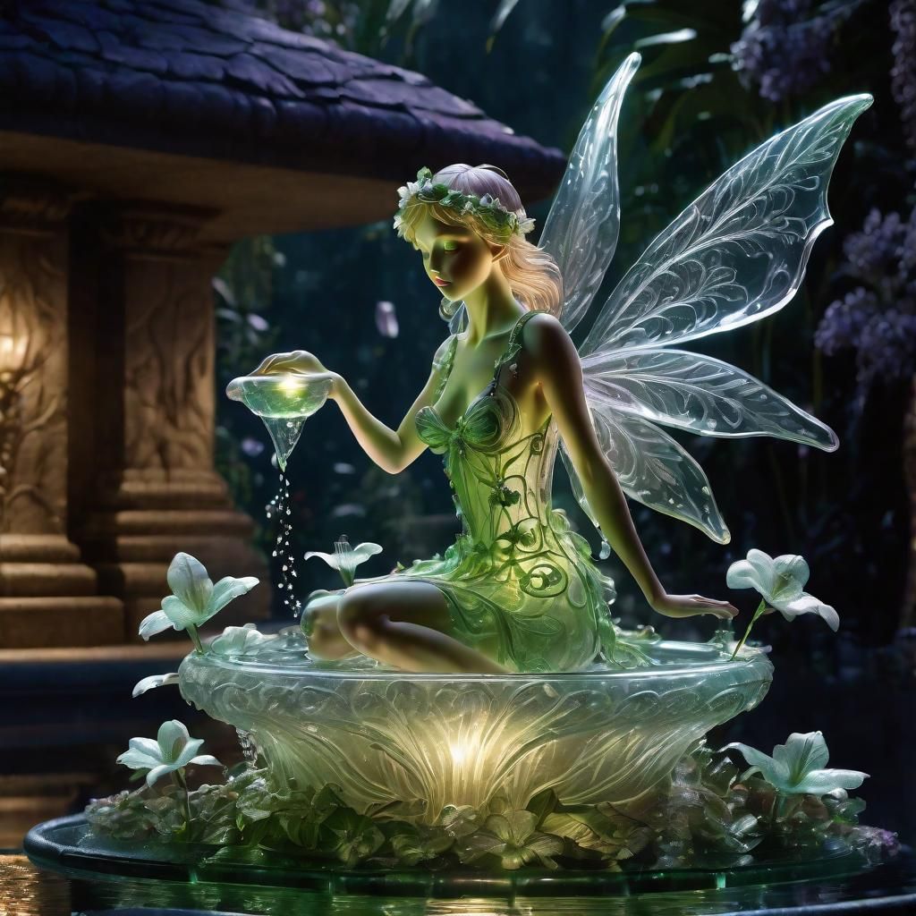 Glass Flower Fairy Fountain at Midnight