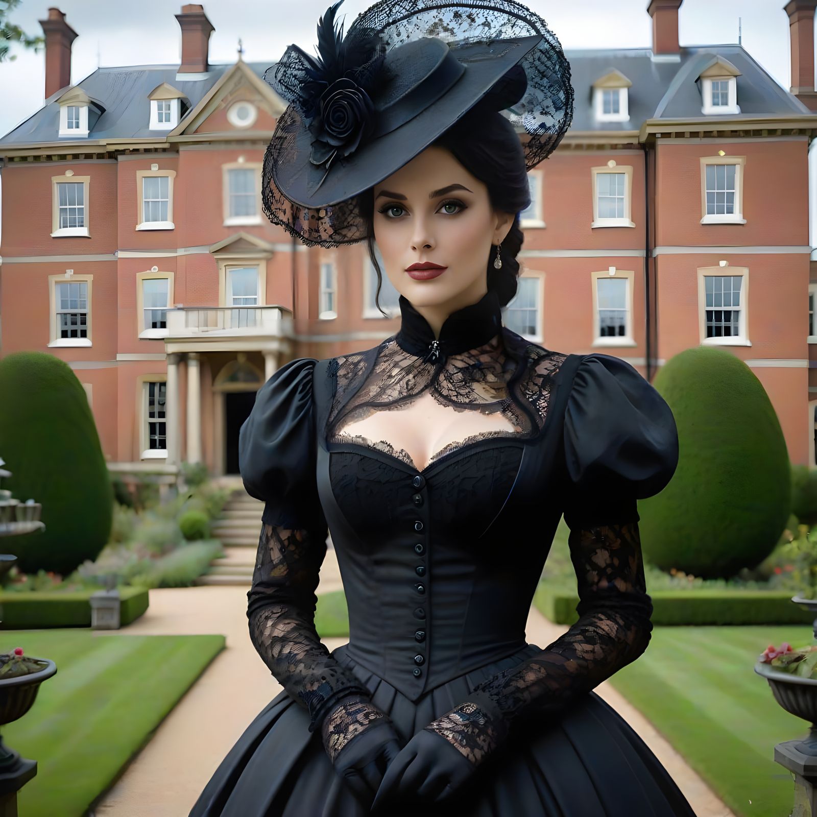 Victorian Woman in Mourning Dress at Manor