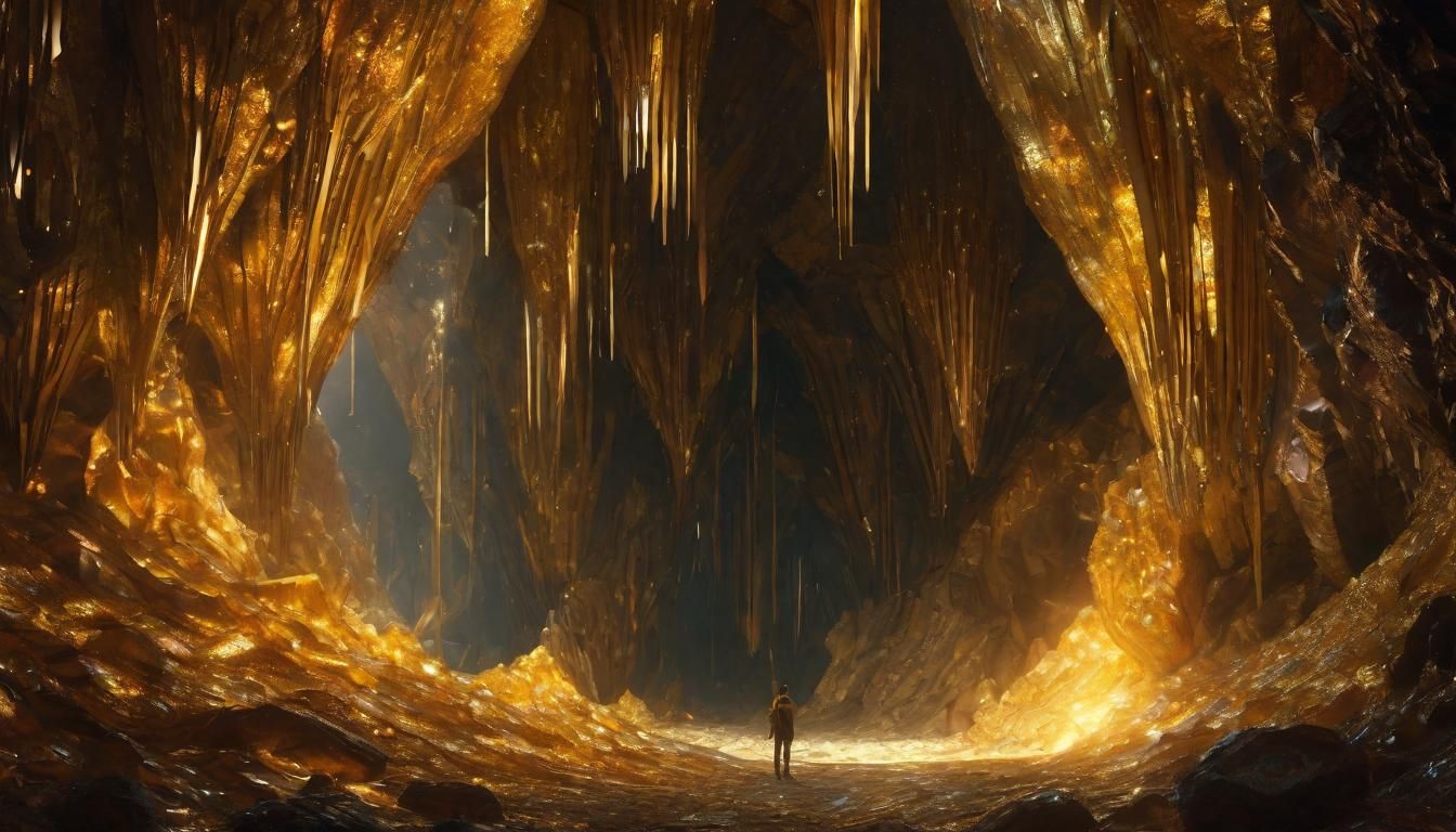 Golden Iridescent Crystals in Art Nouveau Cavern