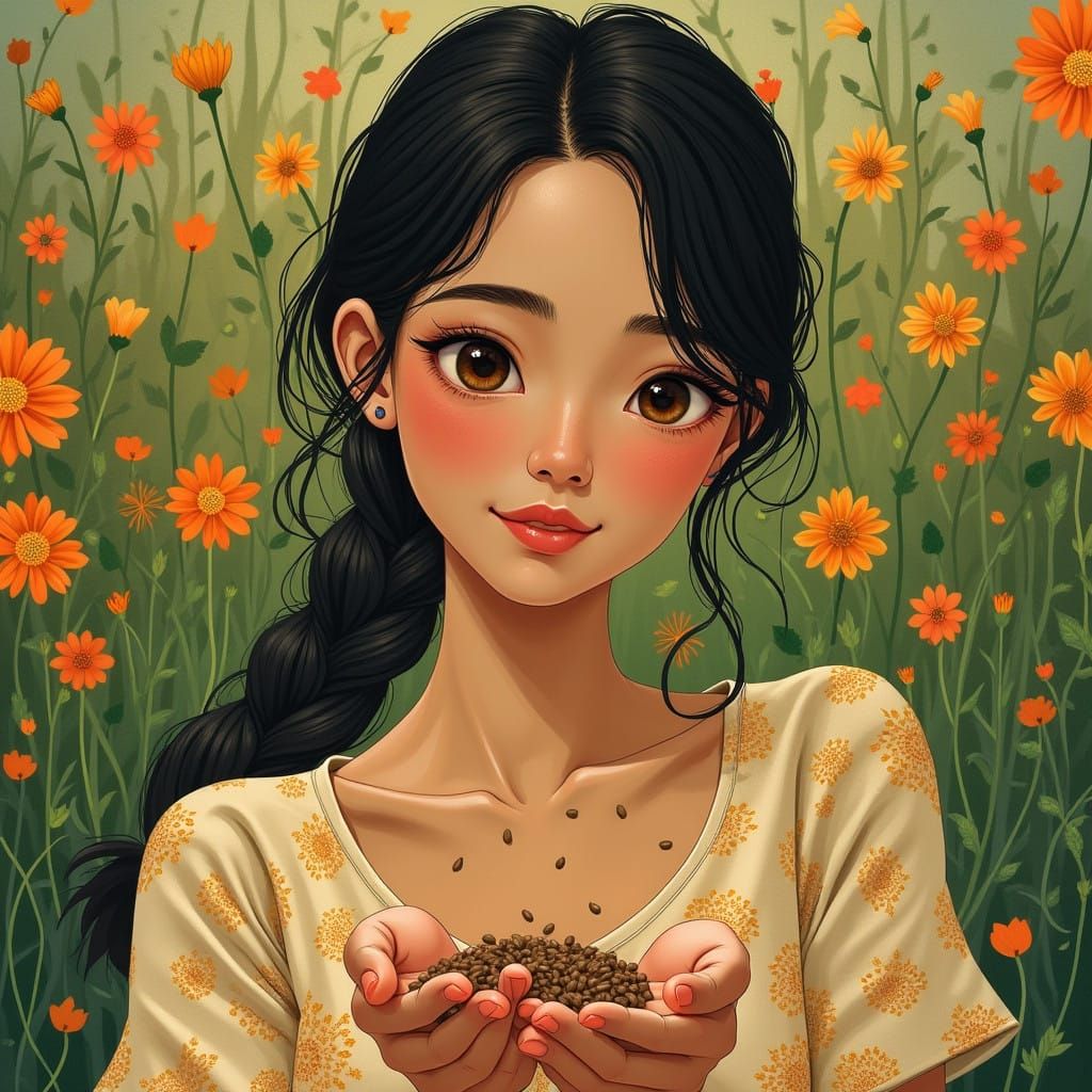 Serenely Focused Woman Sows Seeds in a Vibrant Garden