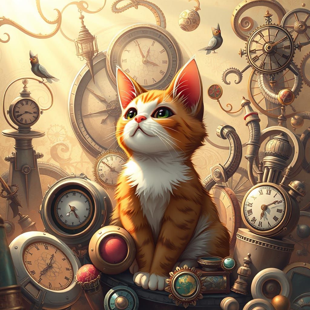 Dreamlike Cat Amidst Whimsical Clockwork Wonder