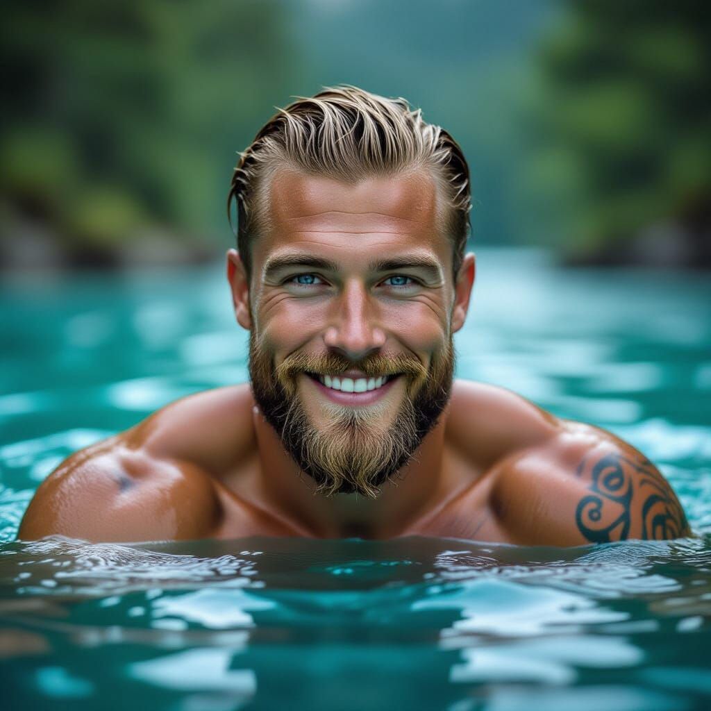 Modern Viking Man Swimming in Lake