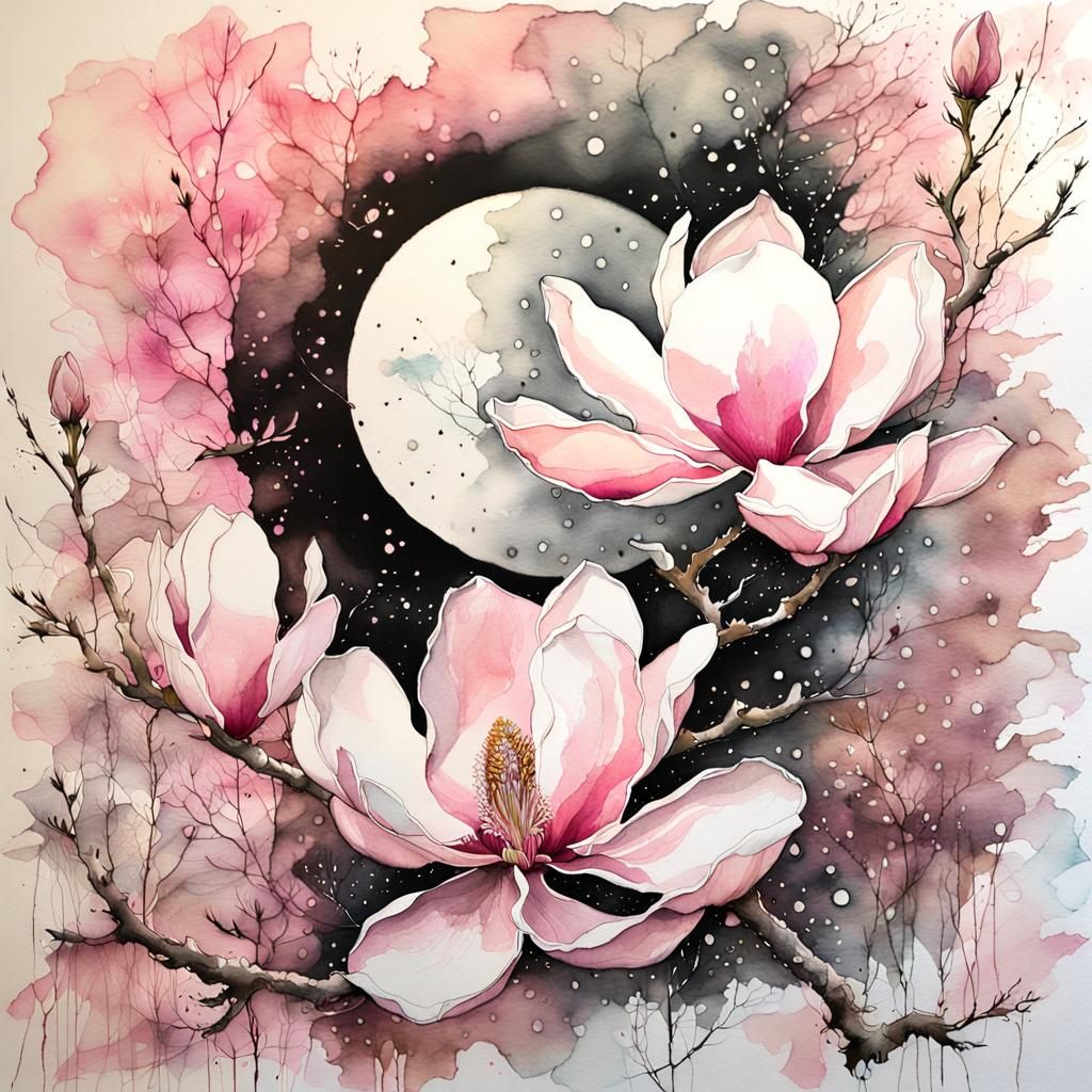 Mystical Magnolia Bloom in Silk Painting Style
