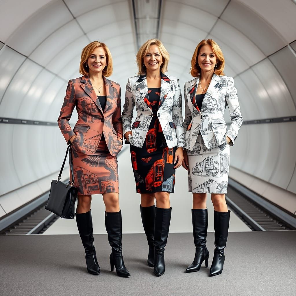 Colorful Businesswomen in Train Tunnel Print Blazers and Dre...