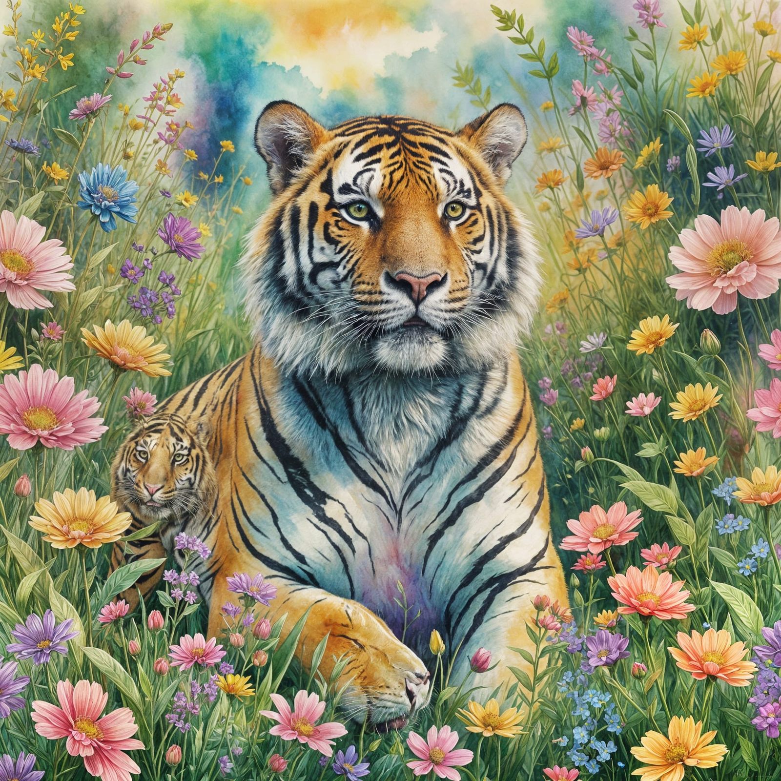 Rainbow Tiger in Watercolor Flower Field