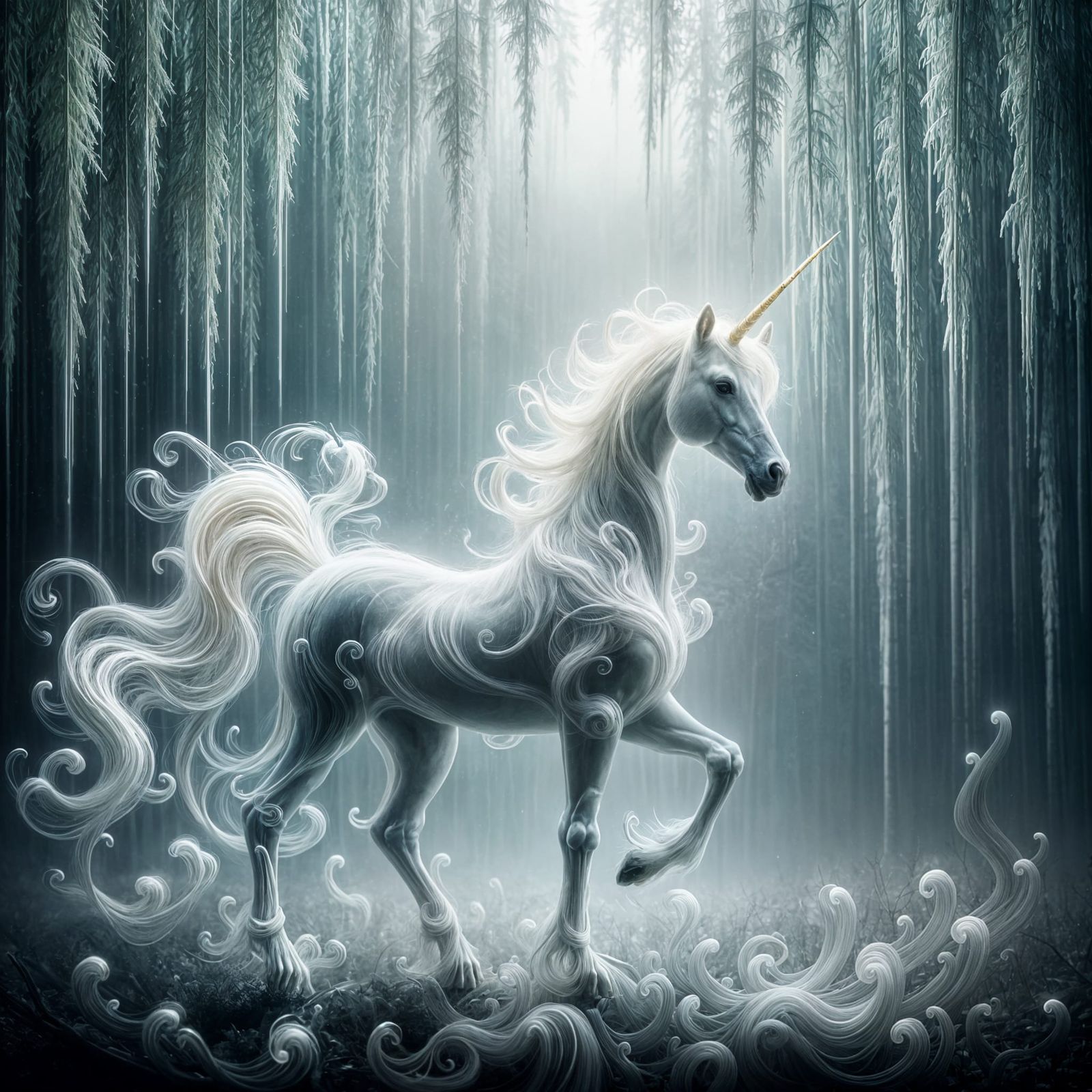 Glass Unicorn in Misty Swirling Willow Forest