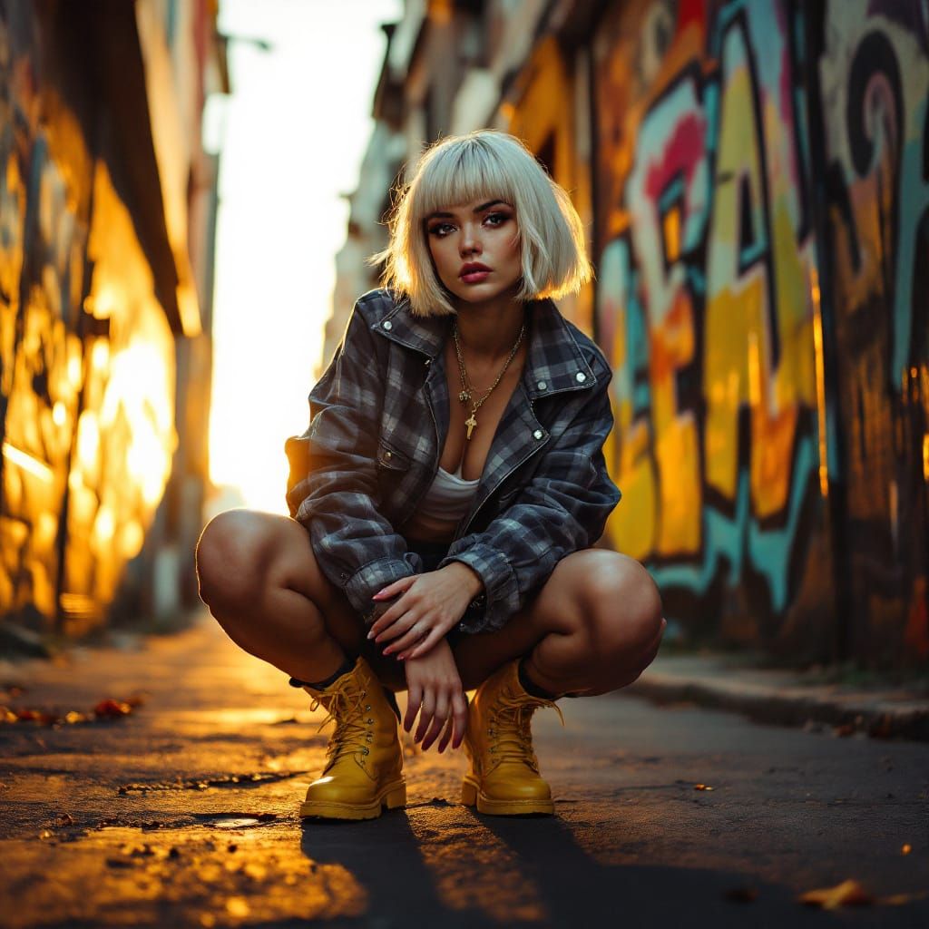 Woman in Yellow Boots in Graffiti Alley at Sunset
