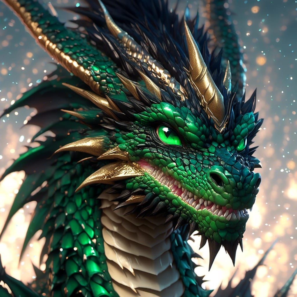 Adorable Dark Green Dragon Portrait, 3D Render
