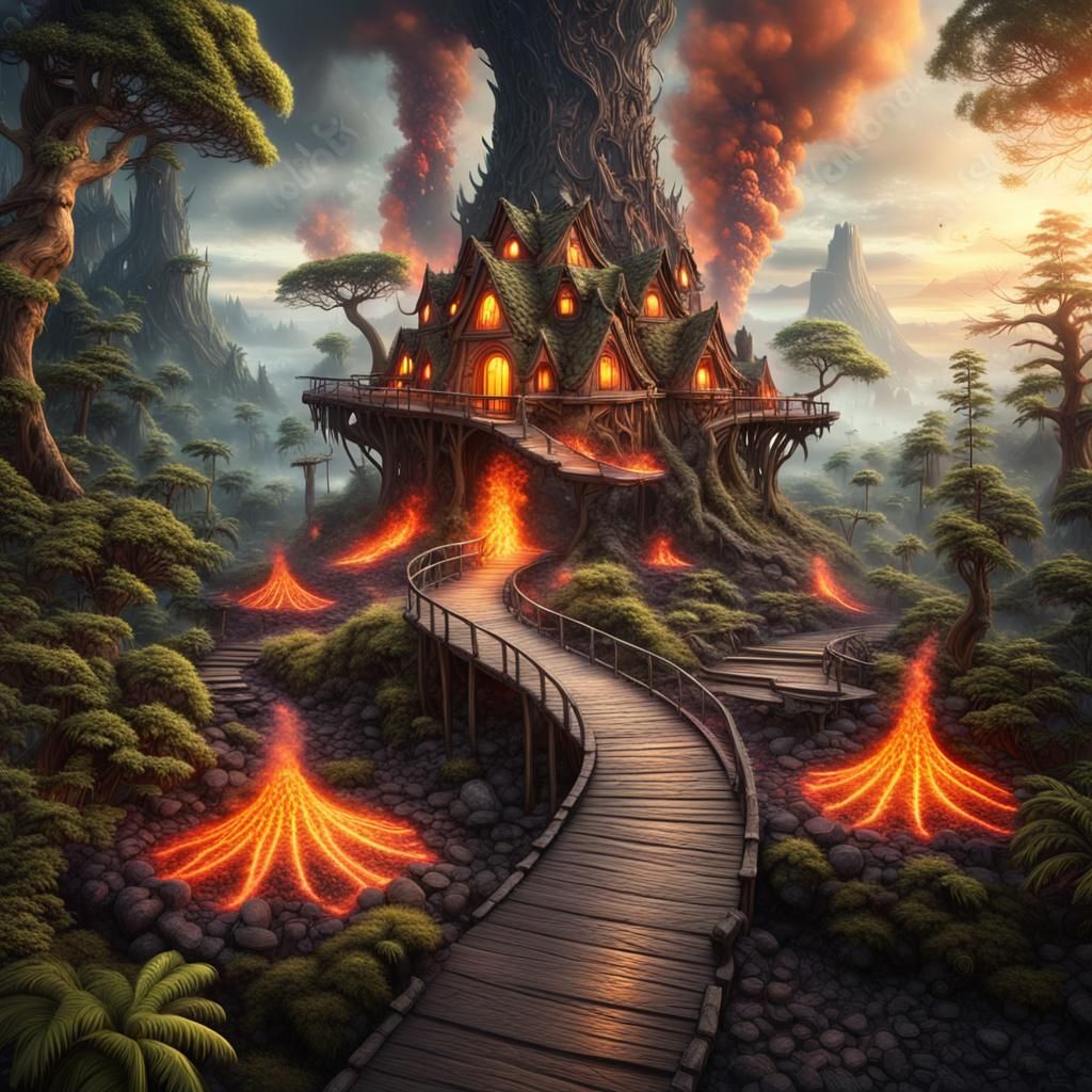 Volcano Eruption in Magical Forest: Digital Matte Painting