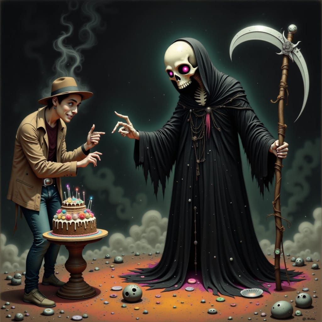 Grim Reaper Offers Cake or Death in Gothic Illustration Styl...
