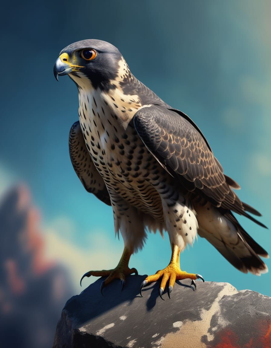 Hyperrealistic Peregrine Falcon Perched in Splash Art Style