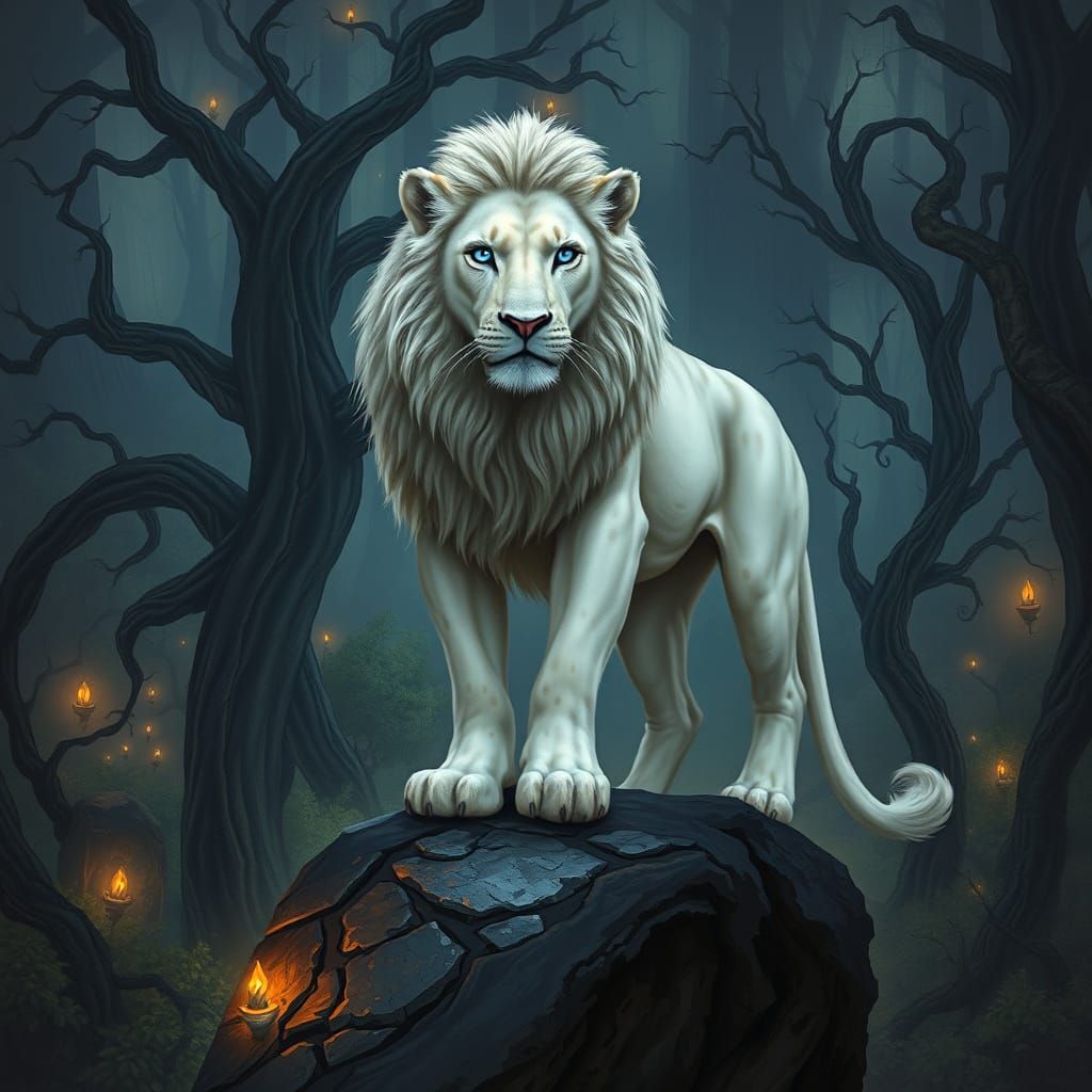 Majestic White Lion in Mystical Forest, Dark Fantasy Style