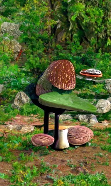 two mushroom-shaped stools, with a stone table. All this und...