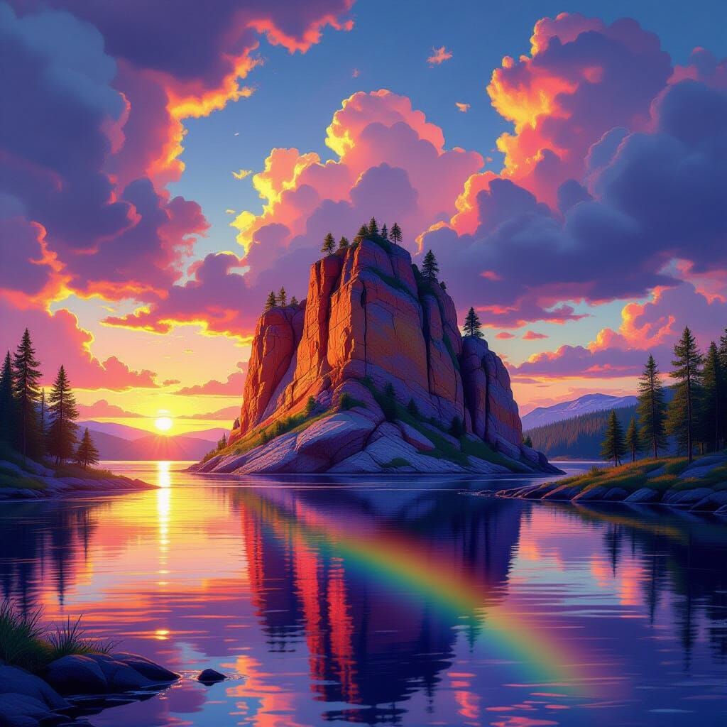 Surreal Rock Formation Reflects Sunset Over Peaceful Water