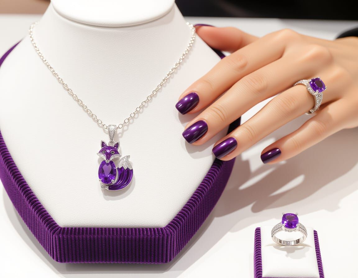 Purple Topaz Fox Pendant and Ring Display