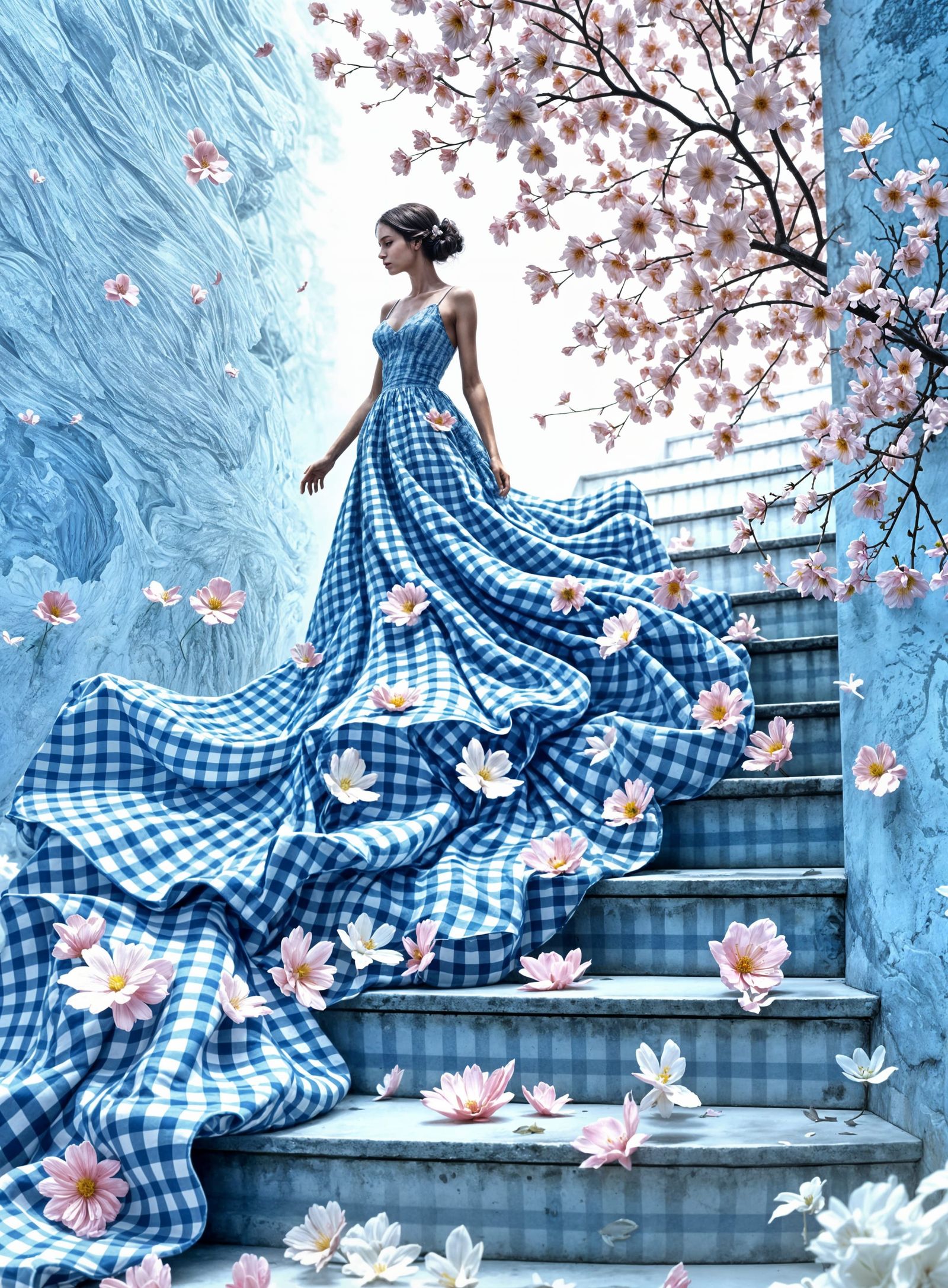 Surreal Gingham Goddess Ascends in Whimsical Dreamscapes