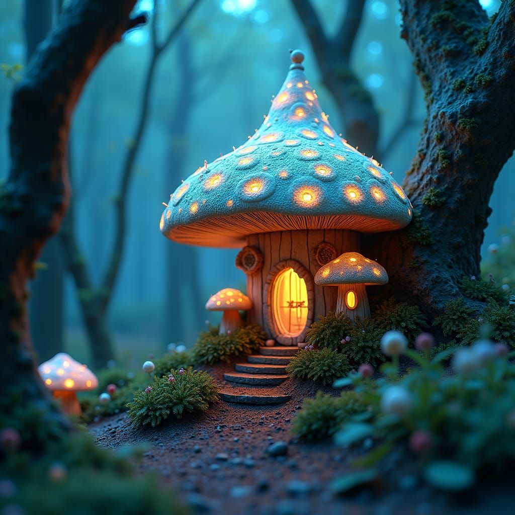 Enchanted Bioluminescent Forest with Fairy Mushroom House