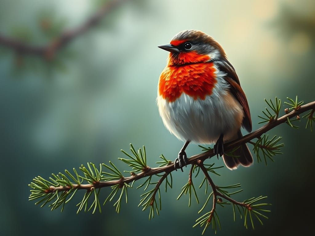 Impressionist Mountain Bird on Fir Branch in Misty Forest