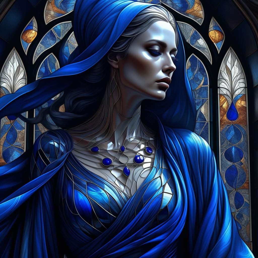 Surreal Woman Portrait with Lapis Lazuli and Stained Glass