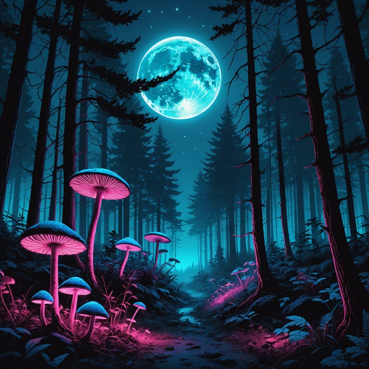 Luminescent Mushrooms in Moonlit Synthwave Forest