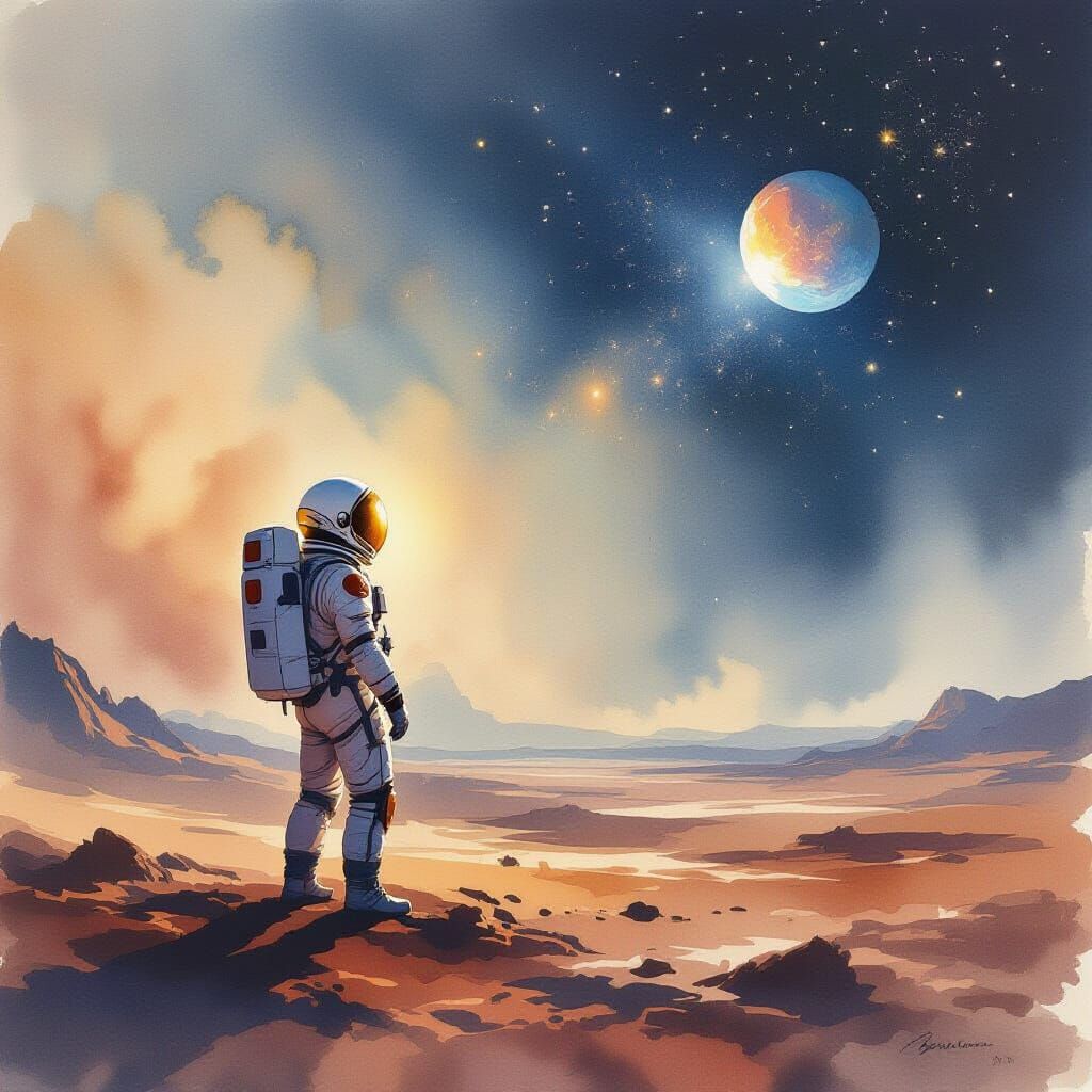 Astronaut Drifts in Nebula Near Alien Planet