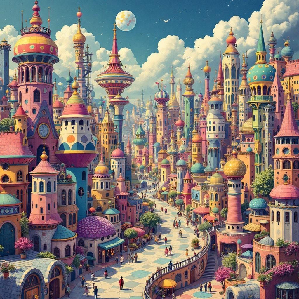 Kaleidoscopic Cityscape in High Fantasy Style