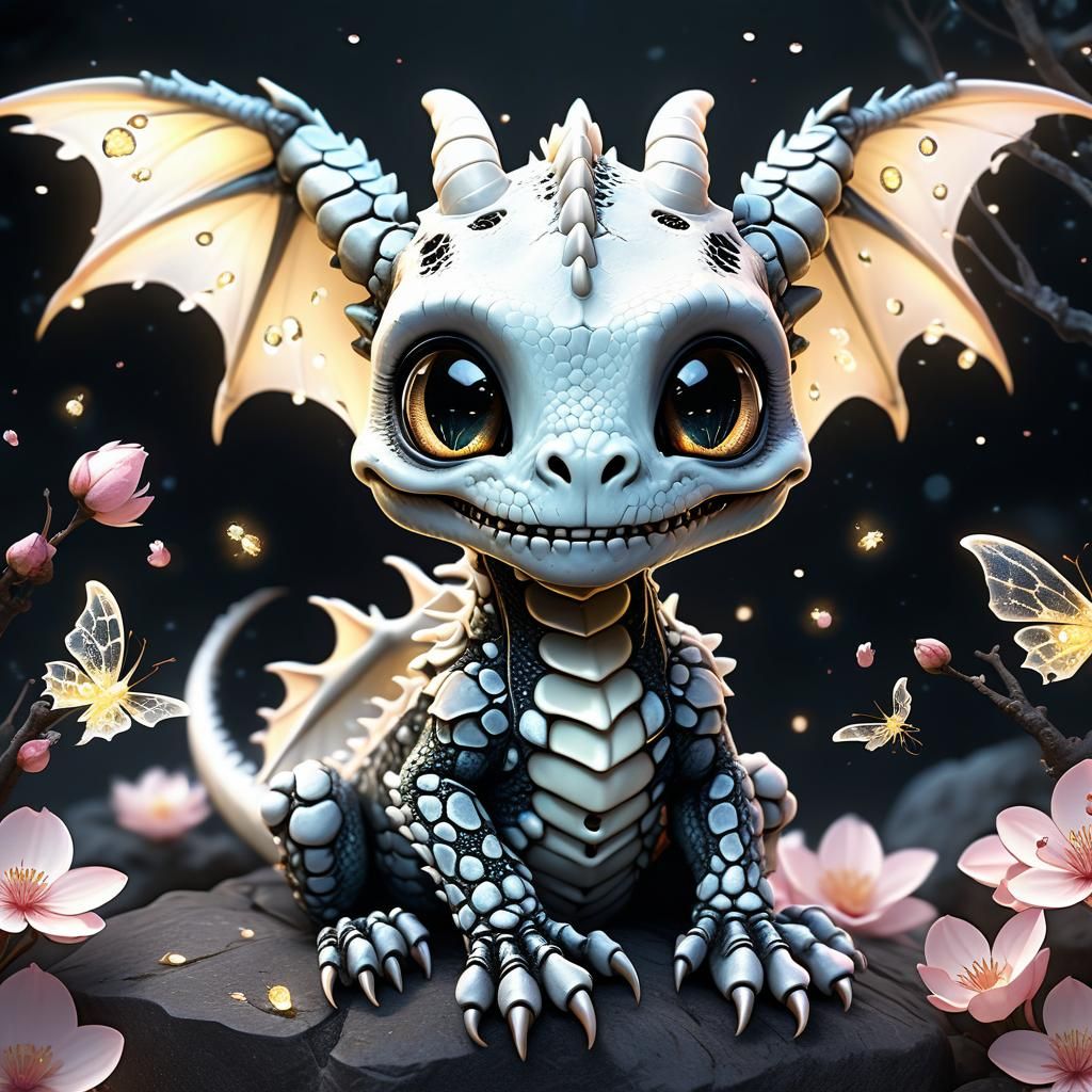 Adorable Baby Skeleton Dragon with Fireflies