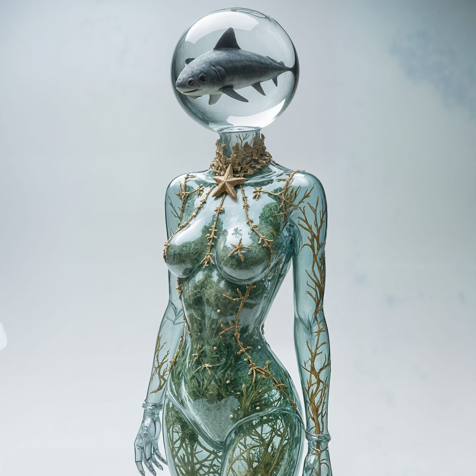 Cyberpunk Glass Art Goddess in Shimmering Aquarium