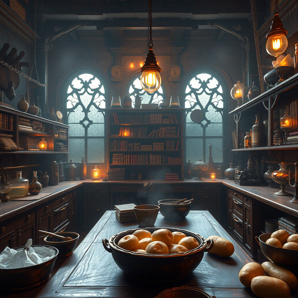 Golden-Lit Apothecary Laboratory in Fantasy RPG Style