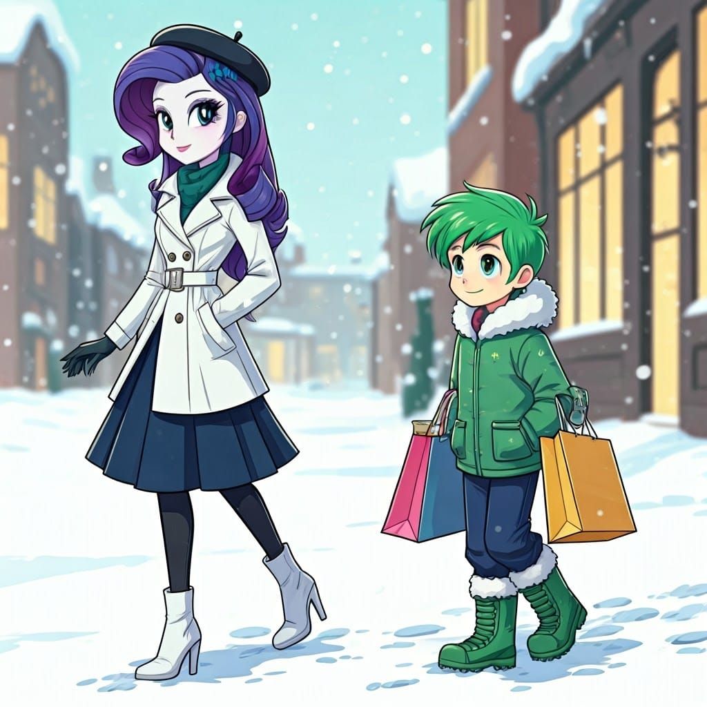 Chic Shopper on Winter Streets, in Pop Art Style