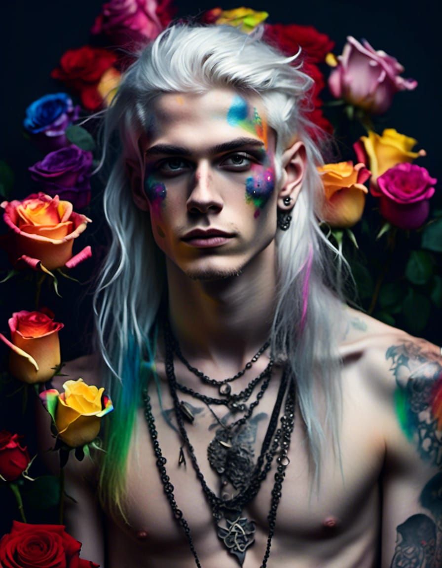 Goth Man with Rainbow Rose Tattoos