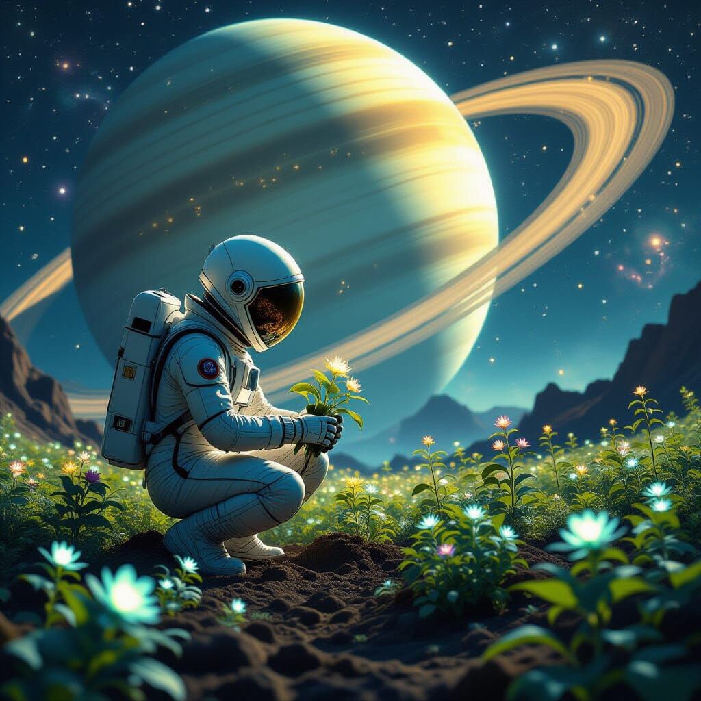 Surreal Cosmic Gardener Among Saturn's Rings