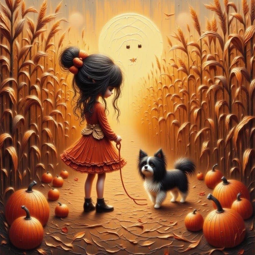 Sweet Girl and Shih Tzu in Autumn Corn Maze at Sunrise