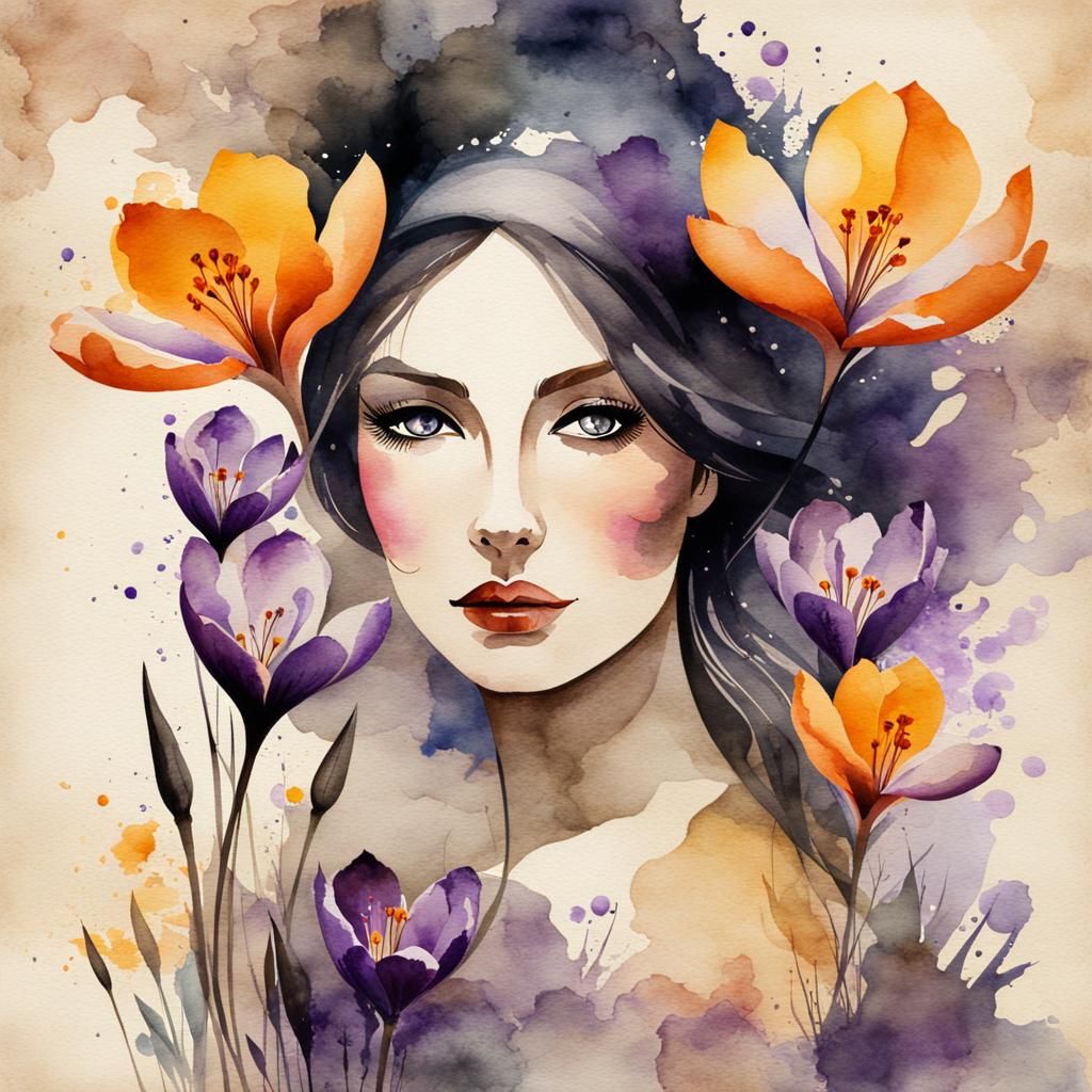Crocus Flowers and Woman: Watercolor Renaissance Surrealism