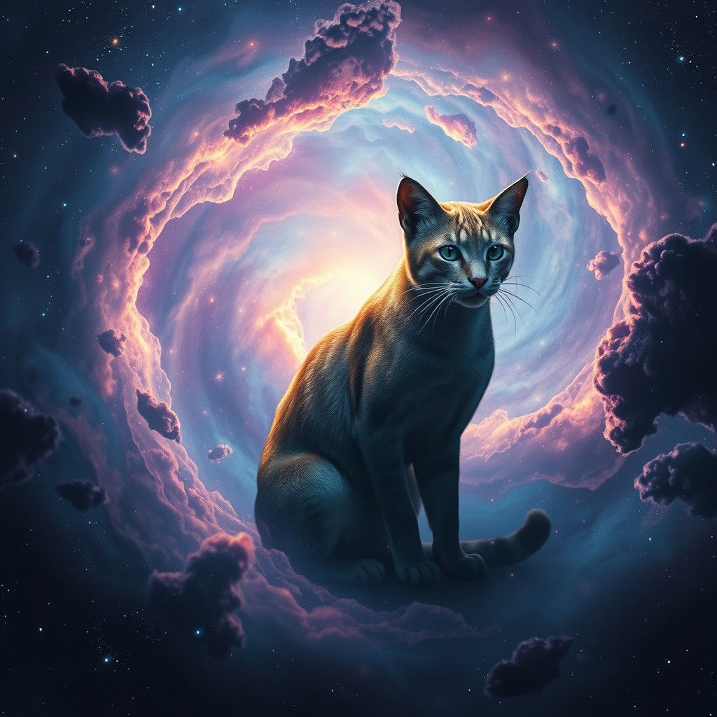 Hyperrealistic Cat Amidst Swirling Starry Nebula