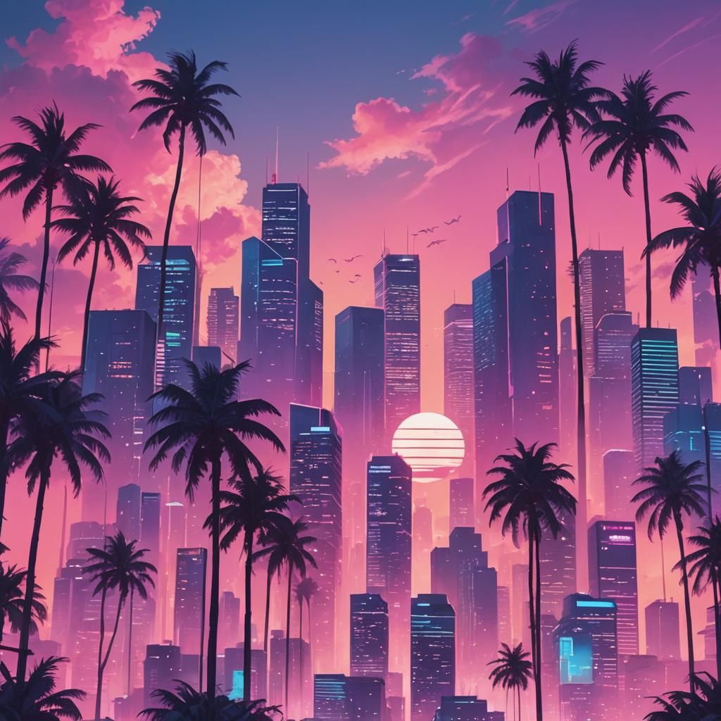 Vaporwave Island Metropolis Sunset: Neon Dreamscape