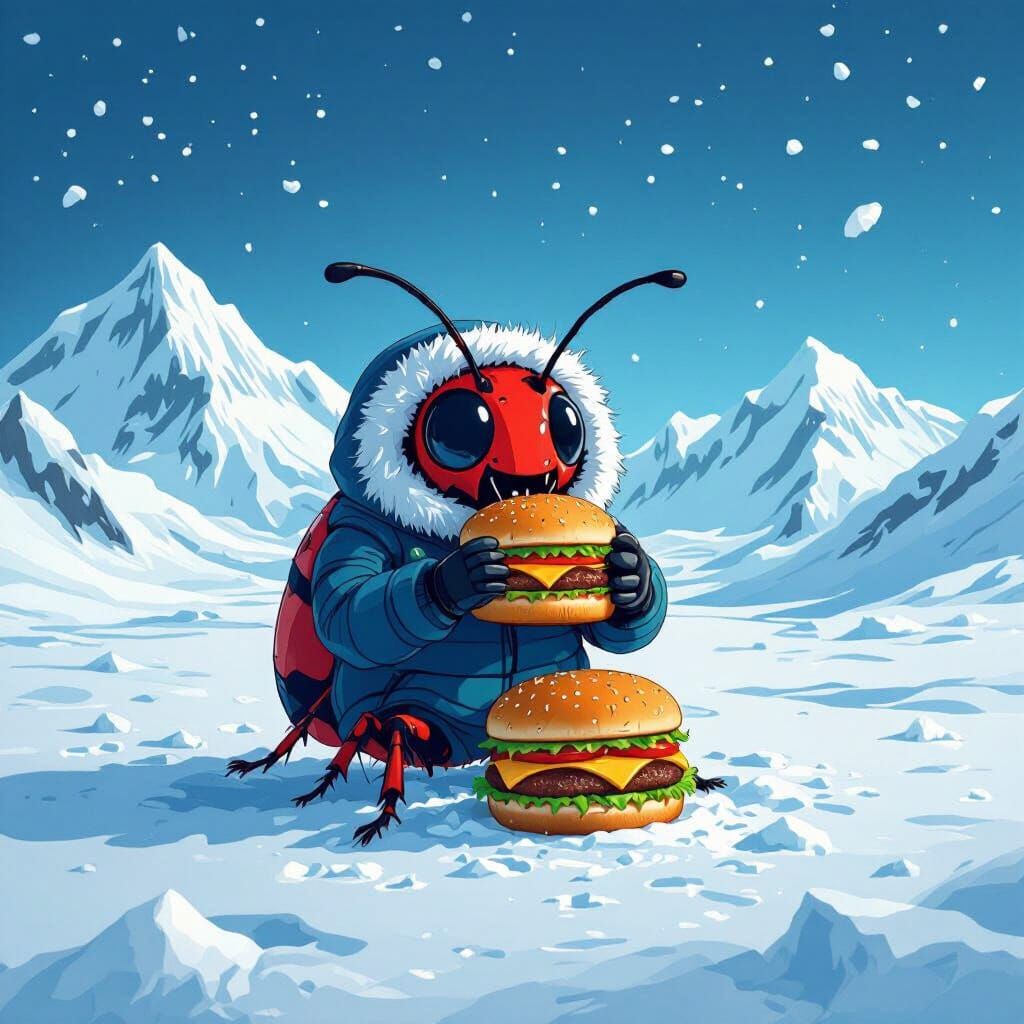 Insect Enjoying Burger in Antarctica, Cartoon Style