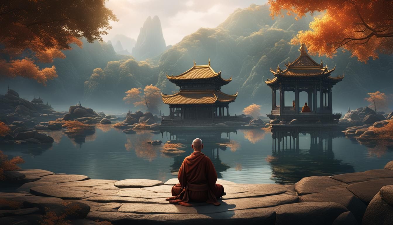 Serene Monk in Water: Zen Temple Illustration