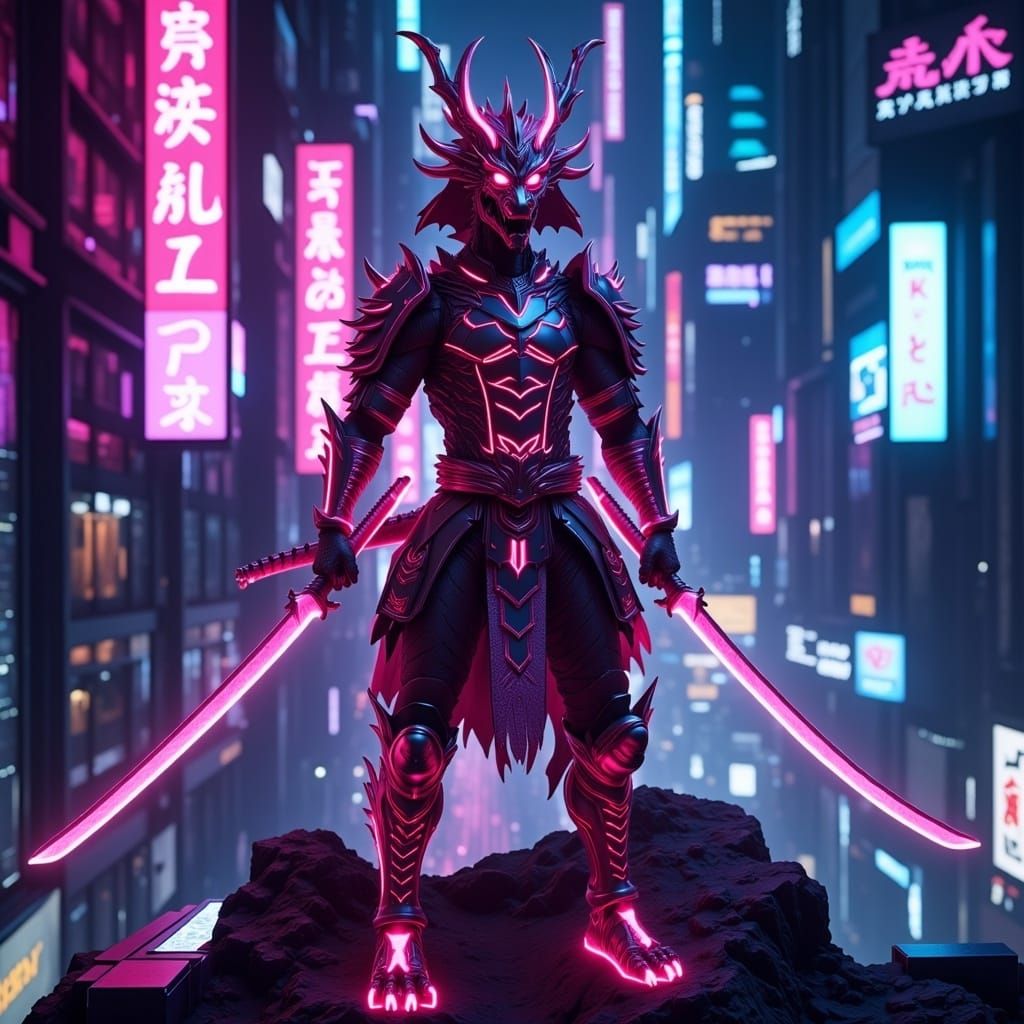 Cyberpunk Samurai on Neon Rooftop with Katana