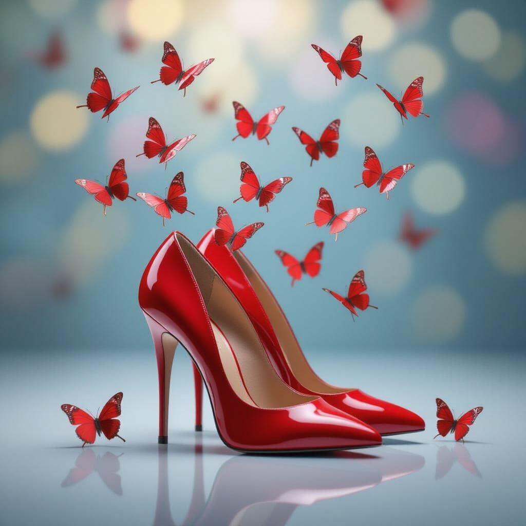 Red Butterflies Emerge From Shiny Heels