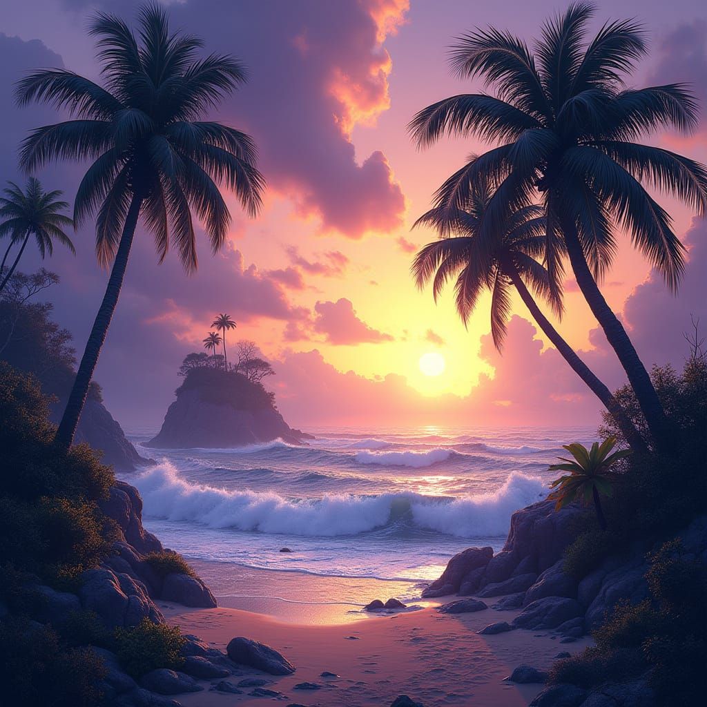 Majestic Hand-Drawn Beach Scene in Dark Fantasy Style