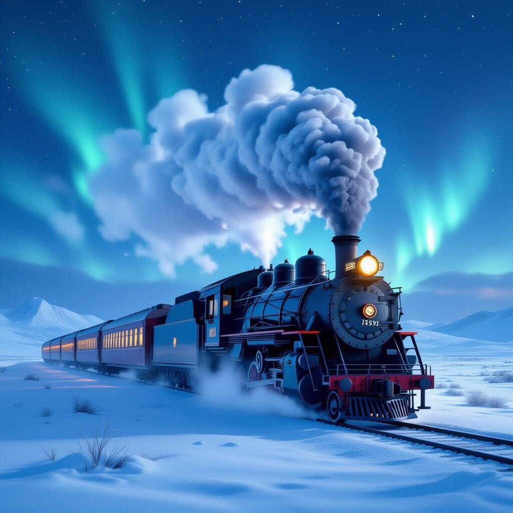 Vintage Train Under Northern Lights in Snowy Landscape