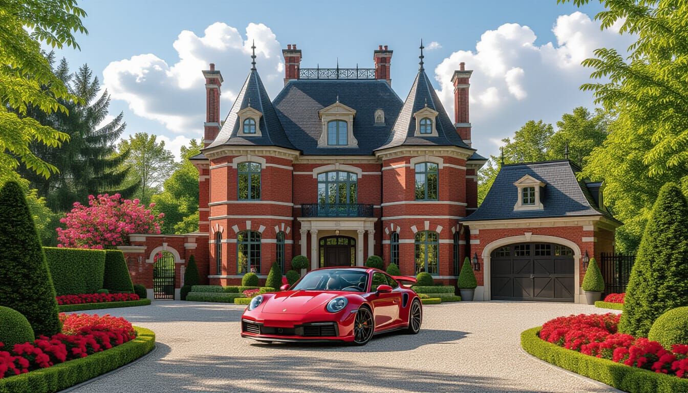 Victorian Chateau With Red Porsche 911