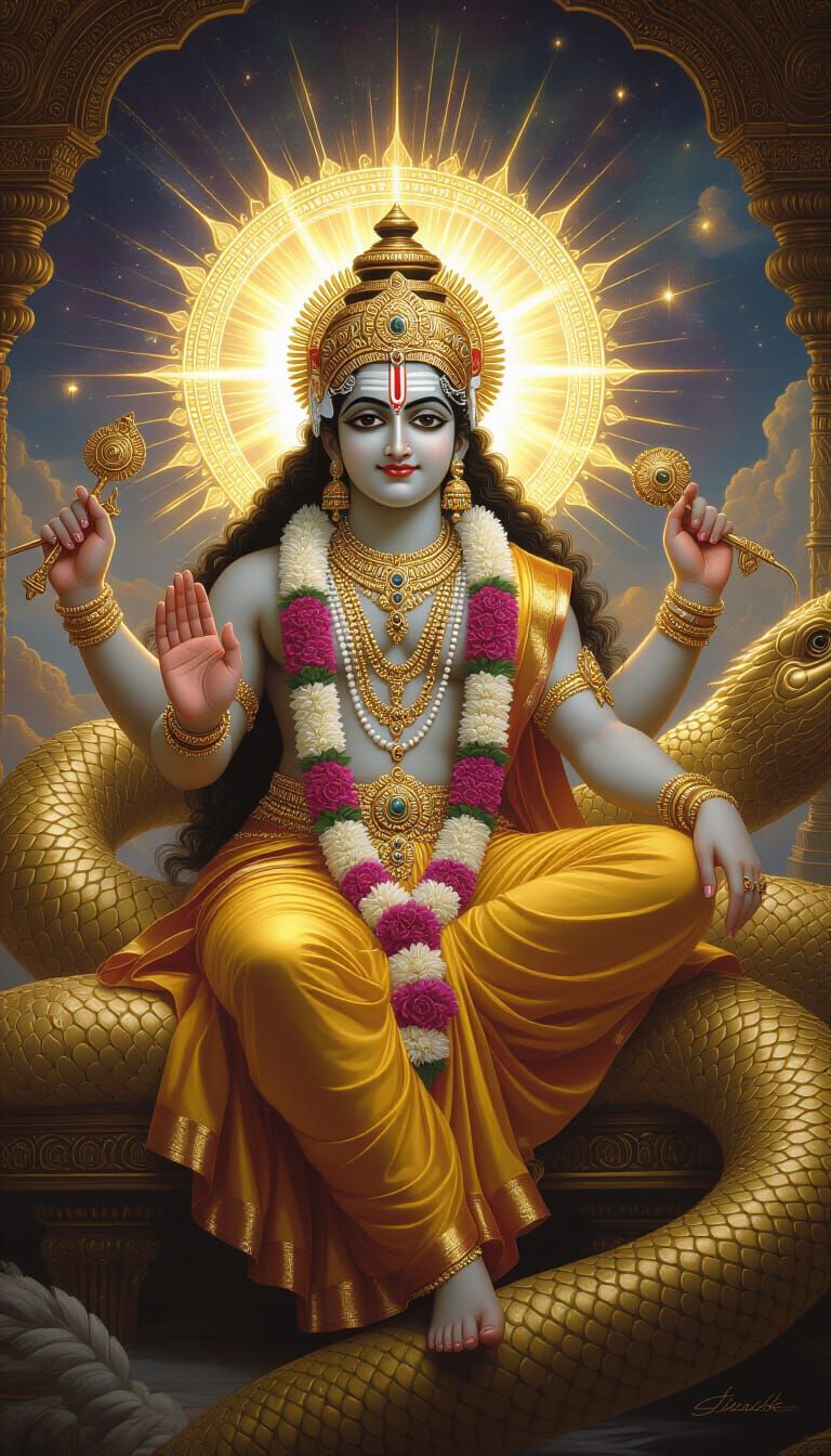 Vishnu Reclining on Sheshnag in Divine Light