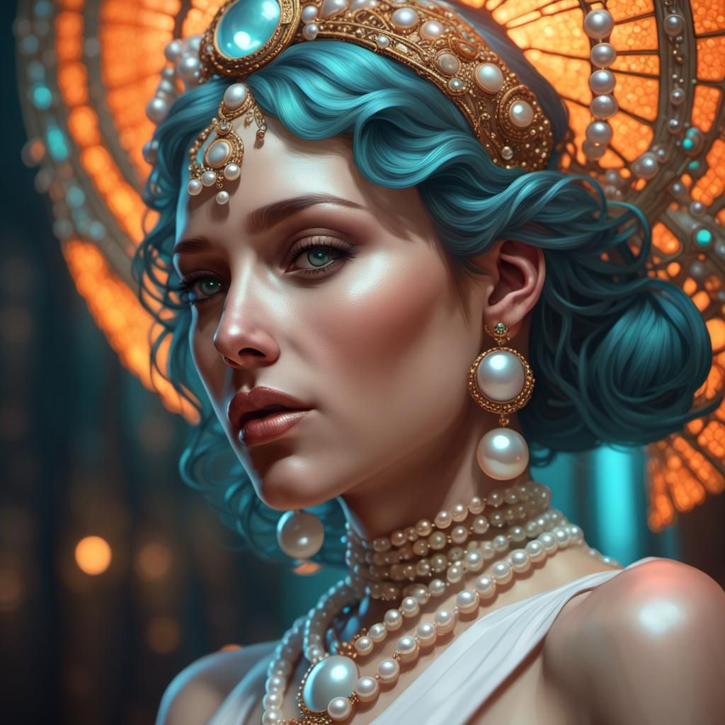 Woman in Shining Pearls, Art Nouveau Digital Art