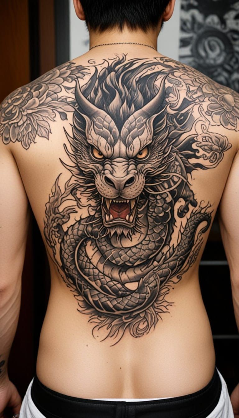Yakuza Back Tattoo: Dragon in E-Sumi Style