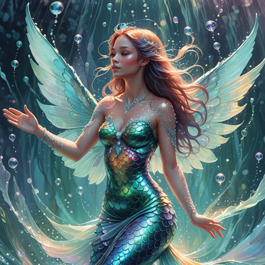 Fantasy Mermaid with Wings in Ethereal Light