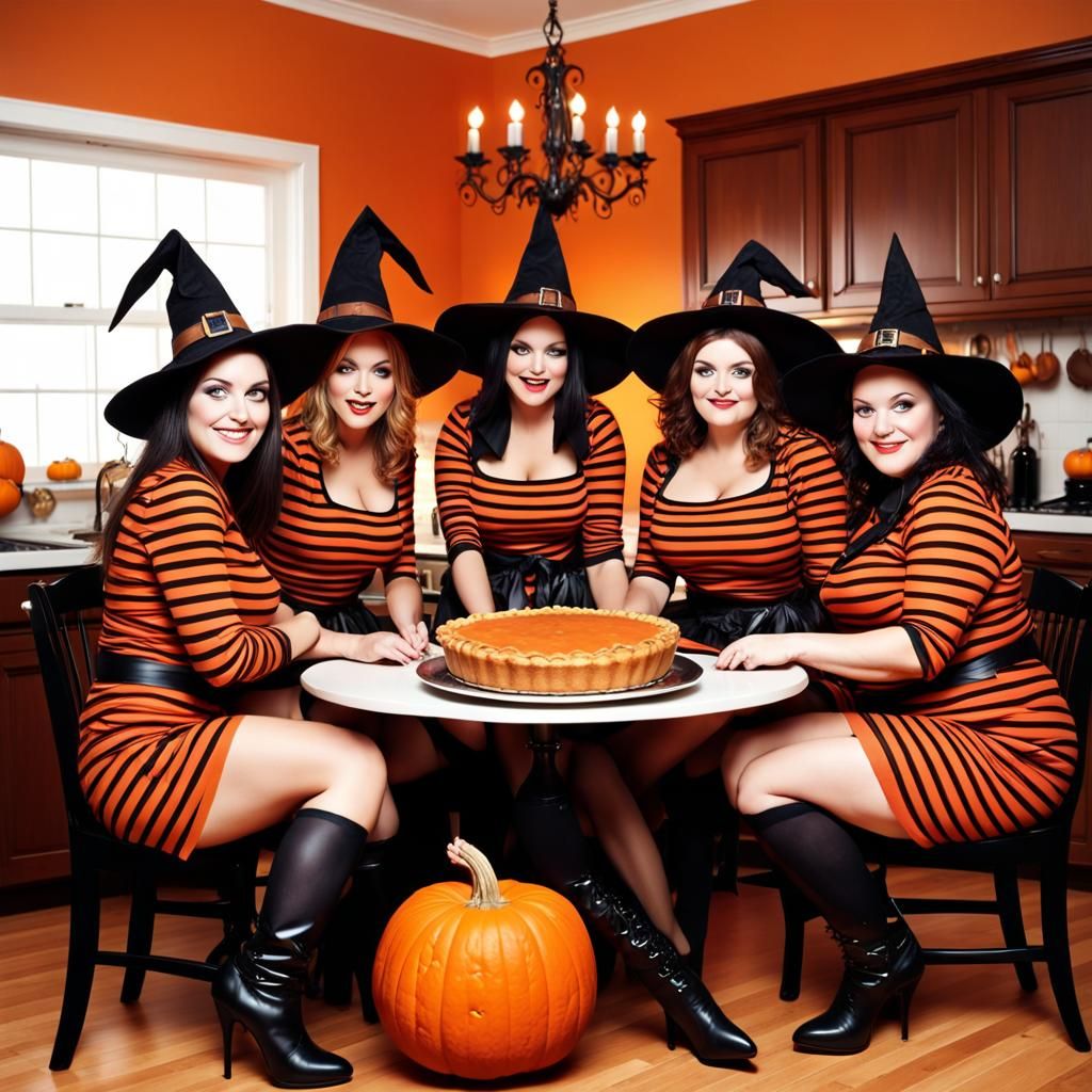 Chubby Witches Celebrate Halloween with Pumpkin Pie