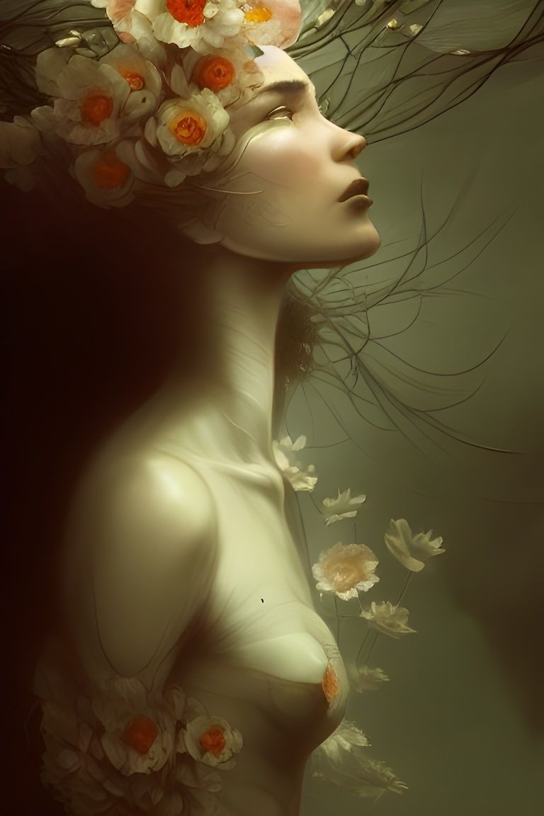 Sad Woman Turns into Flowers: Macabre Concept Art